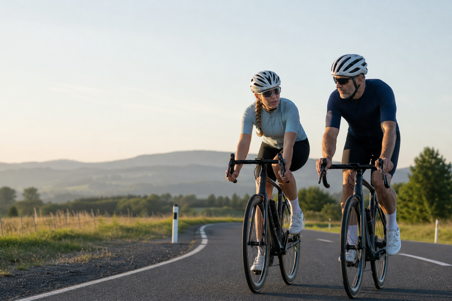 Two committed amateur cyclists riding together on a quiet road
